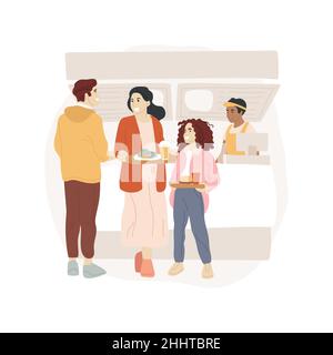 Illustration vectorielle isolée de la gamme Food court.Les gens attendent en ligne avec des plateaux, un centre commercial aire de restauration, le déjeuner, la famille passant le week-end dans le centre commercial vecteur de dessin animé. Illustration de Vecteur