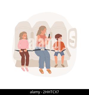 Dans le plan isolé illustration de vecteur de dessin animé.Les enfants avec les ceintures se fixent, prenant la photo de la fenêtre de l'avion, la famille assise dans l'avion, en vacances, regardant le vecteur de dessin animé du ciel. Illustration de Vecteur