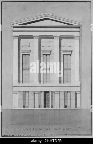 Lyceum of Natural History, New York (élévation avant) 1835 Alexander Jackson Davis American.Lyceum d'Histoire naturelle, New York (élévation avant).Alexander Jackson Davis (américain, New York 1803–1892 West Orange, New Jersey).1835. Aquarelle, encre et graphite Banque D'Images