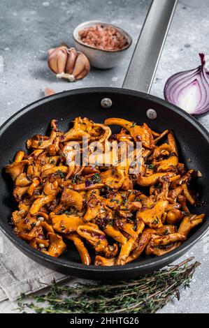 Chanterelles frites avec oignons et thym dans une poêle.Arrière-plan gris.Vue de dessus Banque D'Images