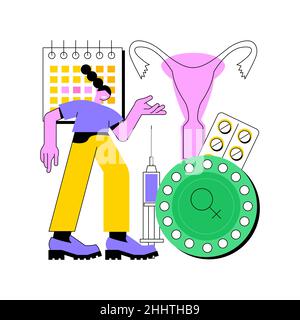 Contraceptifs féminins résumé concept vecteur illustration.Contraceptif féminin, pilule contraceptive hormonale orale, contrôle de la fertilité, planification familiale, métaphore abstraite de prévention de la grossesse. Illustration de Vecteur