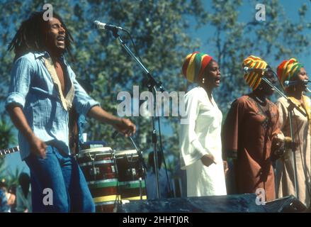 SANTA BARBARA, CA - MAI 31 : musicien, chanteur, auteur-compositeur et icône culturelle jamaïcain Bob Marley, qui interprète avec son groupe, The Wailers, au Santa Barbara County Bowl à Santa Barbara, CA, le 31 mai 1976.Crédit: Jeffrey Mayer / Rock négatifs / MediaPunch Banque D'Images