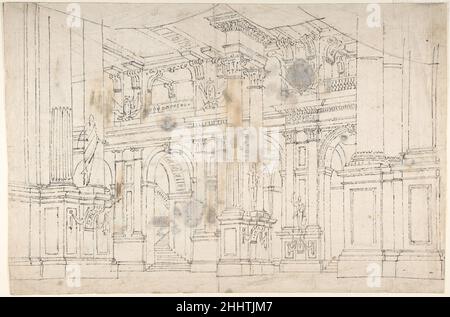 Dessin de contour: Plan d'étape pour une performance de 'Iphigenia'.Verso : deux dessins pour l'intérieur du palais.1709–90 Fabrizio Galliari Italien.Dessin de contour: Plan d'étape pour une performance de 'Iphigenia'.Verso: Deux dessins pour les intérieurs de palais..Fabrizio Galliari (Italien, Andorno 1709–1790 Treviglio).1709–90.Stylo et encre noire, sur de la craie noire ou du graphite.Verso : stylo et encre marron foncé sur craie noire ; motif séparé sur craie noire.Mises en plan Banque D'Images