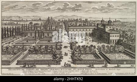 Vue de la Villa Medici après 1677 Giovanni Battista Falda les graveurs italiens du dix-septième siècle ont répondu à l'intérêt pour l'art ancien et l'architecture, ainsi que la topographie contemporaine, en créant des séries élaborées sur tous les splendeurs de Rome.Dans la dernière partie du siècle, leurs publications comprenaient des gravures comme celle de Giovanni Battista Falda.De telles œuvres, rassemblées avec enthousiasme dans toute l'Europe, ont stimulé le Grand Tour en Italie pour étudier l'art et l'architecture romains.Le jardin entourant la Villa Medici sur la colline Pincian, qui est vu ici, était très bien connu Banque D'Images