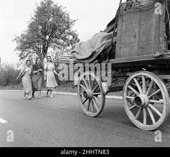 Des tziganes romanes pris par la caméra candide sur Usk, Newport Road.Ils marchent jusqu'à 25 miles par jour barefooted sur tous les types de routes.Cette route est recouverte d'un gravier dur mais les filles ne sentent même pas un chatouillement alors qu'elles marchent, parfois en arrière, vers leur but - Cardiff, où ils rencontreront leurs petits amis et de mettre des chaussures juste pour aller danser.8th mai 1954. Banque D'Images