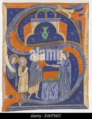 Manuscrit Illumination avec la présentation du Christ dans le Temple dans un S initial, d'un ca graduel.1278 Maître de Bagnacavallo la lampe de suspension verte et les motifs étoilés de l'arrière-plan sont les marques de l'œuvre du premier artiste à travailler sur des livres de chœur pour une nouvelle cathédrale à Imola, près de Bologne, probablement commandée par son évêque.Manuscrit Illumination avec la présentation du Christ dans le Temple dans un S initial, d'un graduel.Maître de Bagnacavallo (actif fin du 13th siècle).Italien1278. Trempe et encre sur papier sulfurisé.Fabriqué à Imola, en Italie.Manuscrits et illumi Banque D'Images