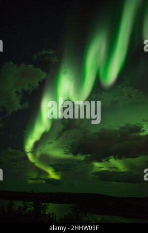 Aurora Borealis autour de Yellowknife dans les Territoires du Nord-Ouest, Canada.Ruban vert vif de lumières du nord sur une nuit partiellement nuageux. Banque D'Images