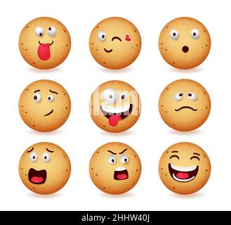 Motif cookie emojis vector Set.Le pain de gingembre emoji visages dans les réactions mignonnes de fou, dans l'amour et le caractère choqué pour les cookies visage émoticône. Illustration de Vecteur