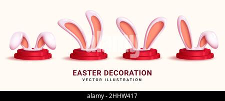 Ensemble de motifs vectoriels lapin de Pâques.3d oreilles de lapin en décoration de figurine et gestes ludiques avec éléments de podium pour la collection d'objets de vacances de pâques. Illustration de Vecteur