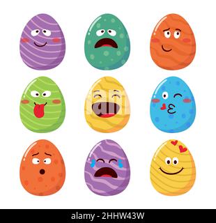 Motif Emoji easter eggs Vector Set.Émoticônes de la saison de Pâques de forme ovale avec motif coloré avec drôle et mignon expression du visage pour la chasse aux oeufs. Illustration de Vecteur