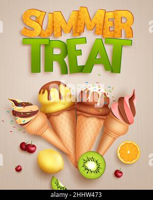 Motif vectoriel crème glacée d'été.Summer Treat 3D text avec des desserts au cône de crème glacée et des saveurs de fruits pour de délicieuses saveurs de bonbons de saison tropicale. Illustration de Vecteur