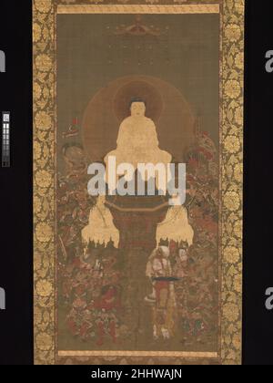 Shaka (Shakyamuni), le Bouddha historique, avec deux auxiliaires Bodhisattvas et seize déités bienveillantes fin 14th siècle artiste non identifié cette image de dévotion aurait été accrochée dans un temple lors des récitations de la Grande perfection de la sagesse Sutra.Au centre, Shaka se trouve sur un piédestal de lotus, flanqué de bodhisattvas, Fugen et Monju.Leurs corps rayonnants sont méticuleusement décrits à l'aide d'une combinaison de peinture d'or et de bandes de feuille d'or coupée, une technique appelée kirikane.Ils sont entourés par un groupe diversifié de divinités bienveillantes chargées de protéger le Sutra lui-même un Banque D'Images