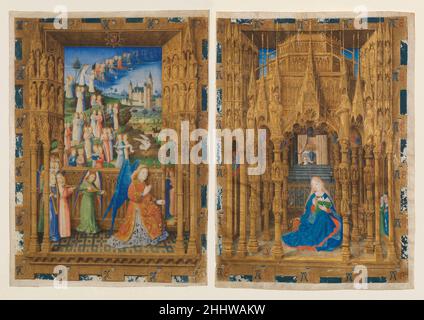 L'Annonciation des heures de Charles de France 1465 Maître de Charles de France cette Annonciation à deux pagé forme un diptyque de raffinement remarquable, placée sur une étape élaborée de l'architecture et de la sculpture simulées, et incorporant une procession d'anges descendant du ciel.Il vient d'un livre inachevé d'heures qui appartenait à Charles, duc de Normandie et frère du roi Louis XILa résidence préférée de Charles, le Château de Mehun-sur-Yèvre, près de Bourges, apparaît en arrière-plan.À un certain point avant 1905, cette image était séparée du reste du manuscrit, Banque D'Images