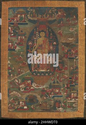 Bouddha Shakyamuni et scènes de ses vies précédentes (Jataka Tales) 1573–1619 Tibet ce tableau décrit un sujet rare dans l'art tibétain, la vie de Bouddha Shakyamuni et ses incarnations précédentes, comme indiqué dans les contes de Jataka.Ces histoires constituent une composante essentielle de la cosmologie bouddhiste.Cette tangka a une inscription chinoise datant de l'oeuvre au règne de l'empereur Wanli (r.1573–1619) de la dynastie Ming ainsi que des glosses tibétaines identifiant les scènes représentées.La présence des glossaires indique que cette tangka a été faite pour un client tibétain.Représenté autour de l'icône centrale d'un Banque D'Images