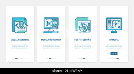 illustration vectorielle de conception de traitement de fichier de modèle 3d. UX, UI Onding mobile application page Screen TECH set avec processus de ligne de préparation de document, visu Illustration de Vecteur
