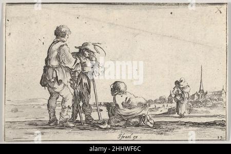 Planche 13: Deux paysans debout à gauche, un paralyse s'agenouillant sur le sol au centre, une femme portant un enfant vue de derrière à droite au milieu du sol, une église à droite en arrière-plan, de 'Caprice faict par de la Bella' ca.1642 Stefano della Bella Italien.Planche 13: Deux paysans debout à gauche, un paralyse s'agenouillant sur le sol au centre, une femme portant un enfant vue de derrière à droite au milieu du sol, une église à droite en arrière-plan, de 'Caprice faict par de la Bella' 412316 Banque D'Images