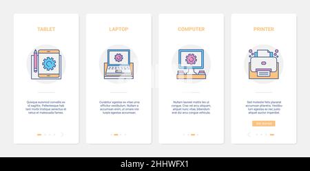 Appareils électroniques domestiques pour illustrations vectorielles de travail freelance. UX, UI Onboarding mobile application page écran set avec ligne ordinateur freelance equipme Illustration de Vecteur