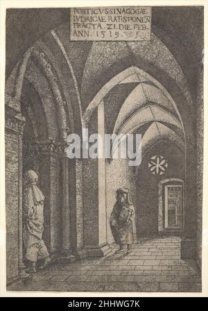 La salle d'entrée de la Synagogue de Regensburg 1519 Albrecht Altdorfer Allemand dans la lumière discrète d'une porte ouverte et d'une rosace, deux hommes juifs sont présentés en marchant dans le porche d'entrée de la synagogue de Regensburg.Altdorfer fit deux gravures du temple juste avant sa destruction le 22 février 1519: Cette vue et une de la nef intérieure.L'empereur Maximilian avait longtemps été un protecteur des Juifs dans les villes impériales, en leur extrayant des impôts substantiels en échange.Quelques semaines après sa mort, cependant, la ville de Ratisbonne, qui a blâmé ses problèmes économiques sur son prospère Banque D'Images