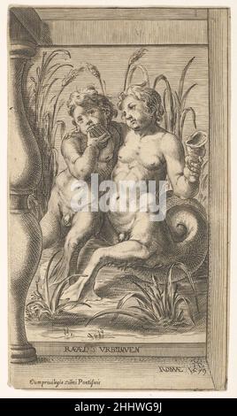 Deux tritons embrassant, l'un jouant un panpipe, le second tenant un conch shell set dans un espace encastré 1579 Cherubino Alberti (Zaccaria Mattia) Italien.Deux tritons embrassant, l'un jouant un panpipe, le second tenant un ensemble de conques dans un espace encastré 415322 Banque D'Images