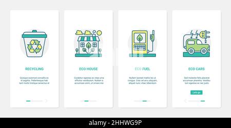 Technologie éco-maison pour préserver l'écologie de l'illustration du vecteur de terre. UX, UI Onboarding mobile application page Screen Set avec la ligne environnement recyclage symb Illustration de Vecteur