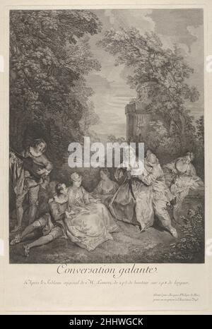 'Gallant conversation' (conversation galante): Les couples s'engagent dans une conversation dans un jardin, à gauche un musicien joue pour le groupe, à droite une femme tient un chien couché sur les genoux 1743 Jacques Philippe le Bas Français.'Gallant conversation' (conversation galante) : les couples s'engagent dans une conversation dans un jardin, à gauche un musicien joue pour le groupe, à droite une femme tient un chien de tour inclinable 416826 Banque D'Images