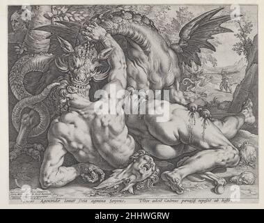 Le Dragon dévorant les compagnons de Cadmus 1588 Hendrick Goltzius Netherlandish en 1588, Goltzius a réalisé plusieurs imprimés emblématiques qui ont poussé au-delà de l'élégant maniérisme de Bartholomeus Spranger à un style musclé plus exagéré.Peut-être le plus dramatique est cette horrible représentation du Dragon dévorant les compagnons de Cadmus, après un tableau de Cornelis Cornelisz. Van Haarlem dans la National Gallery, Londres (accession noNG1893).Le sujet est tiré du Livre III des métamorphies d’Ovid.La gravure illustre deux scènes de l'histoire de Cadmus, le prince de Tyr, dont la sœur Banque D'Images