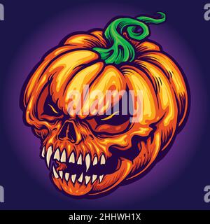 Angry Skull Jack O Lantern Pumpkins sculptés illustrations vectorielles pour votre travail logo, t-shirt de la marchandise de mascotte, autocollants et dessins d'étiquettes, affiche Illustration de Vecteur
