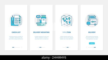Illustration du vecteur de post-service de chargement de livraison.UX, UI Onboarding mobile application page Screen Set avec la ligne de pesage boîte postale paquet sur balance Illustration de Vecteur