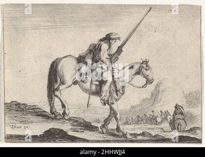 Planche 12: Un soldat à cheval, tenant un mousquet dans sa main droite, en profil descendant une pente vers la droite, d'autres soldats à cheval à droite en arrière-plan, de 'Diagrable diversité de figures) 1642 après Stefano della Bella Italian.Planche 12: Un soldat à cheval, tenant un mousquet dans sa main droite, en profil descendant une pente vers la droite, d'autres soldats à cheval vers la droite en arrière-plan, de 'diversity Figuress' (agrable diversité des figures) 409985 Banque D'Images