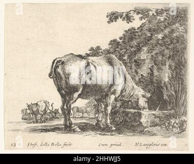 Assiette 12: Une vache buvant d'une cuvette de pierre, d'autres vaches à gauche en arrière-plan, de 'Diversi capricci' ca.1644–47 Stefano della Bella Italien.Assiette 12: Une vache buvant à partir d'une cuvette de pierre, d'autres vaches à gauche en arrière-plan, de 'Diversi capricci' 410306 Banque D'Images