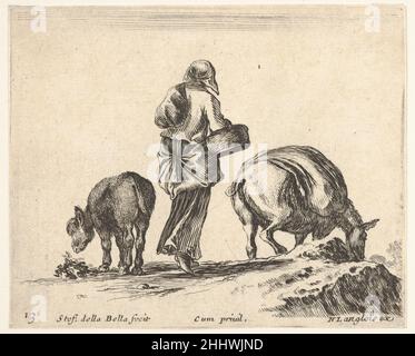 Assiette 13: Une paysanne, vue de l'arrière, tenant un panier au centre, un âne à gauche et un cheval avec un sac de dos à droite, de 'DIDIVIDIQUE capricci' ca.1644–47 Stefano della Bella Italien.Assiette 13: Une paysanne, vue de l'arrière, tenant un panier au centre, un âne à gauche et un cheval avec un sac à dos à droite, de 'dividividiccapricci' 410307 Banque D'Images