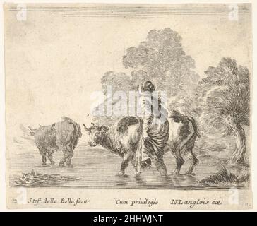 Assiette 2: Une paysanne harde deux vaches à travers un ruisseau, en marchant vers la gauche, de 'Diversi capricci' ca.1644–47 Stefano della Bella Italien.Assiette 2: Une paysanne harde deux vaches à travers un ruisseau, marchant vers la gauche, de 'Diversi capricci' 409991 Banque D'Images
