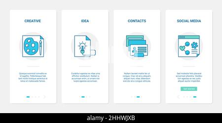 Création de projet d'entreprise dans l'illustration vectorielle des médias sociaux. UX, UI Onboarding mobile application page Screen Set avec des idées créatives de ligne pour le blog de contenu Illustration de Vecteur
