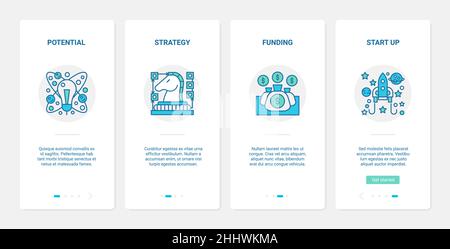 Illustration du vecteur de stratégie de réussite de démarrage d'entreprise.UX, UI Onding mobile application page écran set avec ampoule de ligne fusée réussi potentiel i Illustration de Vecteur