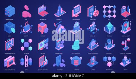 Jeu d'illustrations vectorielles isométriques de la crypto-monnaie de la blockchain. icônes 3d avec base de données d'exploitation minière, protection de portefeuille numérique pour l'argent en crypto-monnaie Illustration de Vecteur