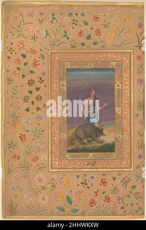 'Dermish dirigeant un Ours', Folio de l'album Shah Jahan recto: Ca.1630–40 ; verso : env.1530–40 peinture par Govardhan cette peinture d'un dervish reflète l'intérêt de Mughal pour les hommes saints.Le prince Dara-Shikoh, fils aîné de Shah Jahan, est devenu un étudiant sérieux de ces croyances spirituelles et cette peinture a très probablement été exécutée sous son patronage.Un dervish portant une fourrure d'animal brun, des boucles d'oreilles, des bracelets, un anklet mène un ours brun foncé par une laisse.Les cornières de fer et de tonte rouges sont des accessoires habituels portés par les derviches des ordres de Qalandar et Haydari.Ses avant-bras et sa poitrine sont Banque D'Images