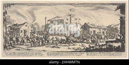 Assiette 7: Une ville en train d'être saccagée avec l'église en arrière-plan, de 'les grandes misères de la guerre' (les misères et les maleurs de la guerre) ca.1633 Jacques Callot Français.Assiette 7: Une ville mise à sac avec église en arrière-plan, de 'les grandes misères de la guerre' (les misères et les maleurs de la guerre) 397614 Banque D'Images