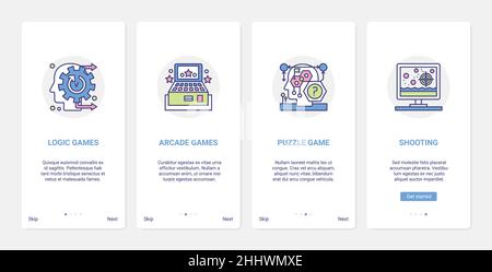 Jeux vidéo divertissement genres illustration vectorielle. UI, UX Onboarding mobile application page écran set avec la ligne abstraite de la logique de jeu de la tête humaine et puz Illustration de Vecteur