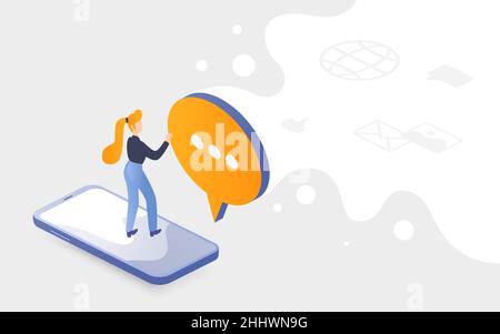 People in social network concept illustration isométrique de vecteur. Dessin animé femme personnage réseau, debout sur grand écran de smartphone, avec grand messag Illustration de Vecteur