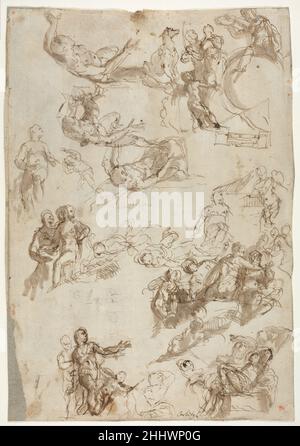 Etudes pour les allégories de l'Amour 1570–75 Paolo Veronese (Paolo Caliari) Italien dessiné avec une rapidité impressionnante et une économie éblouissante des moyens, cette feuille de croquis témoigne des pouvoirs extraordinaires de Veronese de l'invention comme conteur.Ici, il a exploré une variété de solutions aux motifs qu'il a ensuite utilisé dans quatre toiles des 'allégories de l'Amour' peintes vers 1575 (National Gallery, Londres).Veronese peut avoir étudié les figures de modèles d'argile esquische, comme suggéré par la fréquence avec laquelle il a tiré les mêmes figures de différents angles.Pour juger des peintures finales, c'est le cercle Banque D'Images