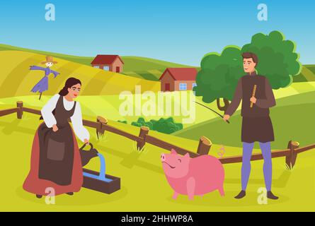 Famille paysanne médiévale ou couple travaillent dans le village illustration de vecteur.Caricature berger héros personnage broutage cochon, paysanne femme alimentation faire Illustration de Vecteur