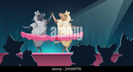 Théâtre d'animaux avec des moutons dans le ballet tutu dansant sur scène.Vecteur bande dessinée humour illustration de théâtre avec danse de deux moutons ballerinas dans des jupes roses et silhouettes d'animaux de public Illustration de Vecteur