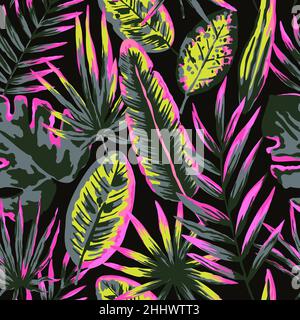 Motif sans couture avec feuilles et plantes tropicales fluo modernes pour le design et le textile. Illustration de Vecteur