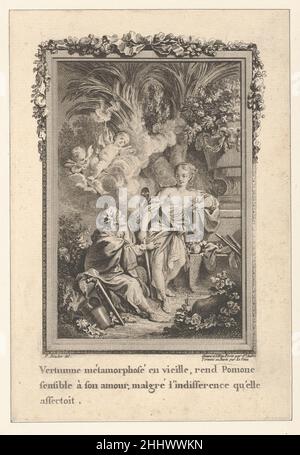 Vertumnus se transforme en une ancienne femme et tente de rejoindre Woo Pomona, des Métamorphoses d'Ovide en Latin et en François de la traduction de M. l'Abbé Banier de l'Académie Royale des inscriptions et belles-lettres.Avec des explications histologiques.A Paris chez Despilly rue saint Jacques à la croix d'Or.MDCCLXVII.Avec approbation et privilèges du Roi ca.1765 Jean Jacques Leveau Français.Vertumnus se transforme en une ancienne femme et tente de rejoindre Woo Pomona, des Métamorphoses d'Ovide en Latin et en François de la traduction de M. l'Abbé Banier de l'Académie Royale des Inscrip Banque D'Images