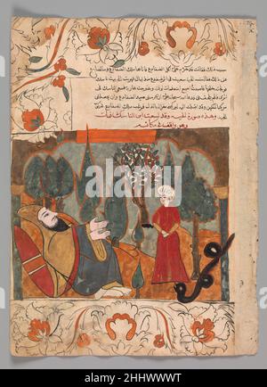 'L'ancien serpent raconte au Tale de mordre le fils de l'ascétique par erreur', Folio d'un Kalila wa Dimna deuxième quart de siècle 16th ce manuscrit contient soixante-dix-huit peintures et de nombreux textes de folios racontant les célèbres contes des jackals Kalila et Dimna.Basé sur le livre de l'ancien animal indien fables, le Panchatantra écrit par Vidyapati (Bidpai), les histoires se sont répandues dans tout le Moyen-Orient où ils sont devenus extrêmement populaires.Ce manuscrit a une forte saveur de Mamluk Egypte dans les styles de figure et les dessins audacieux, avec des notes de tulipes ottomanes et de turbans safavide.Cependant, l'orange brûlé Banque D'Images