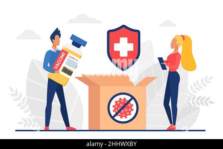 Les gens déballent la boîte de colis avec l'illustration du vecteur de vaccin.Caricature homme personnage tenant le vaccin coronavirus flacon médical, femme avec téléphone ou Illustration de Vecteur