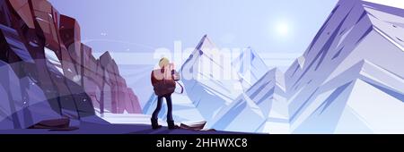 Voyageur homme photographiez les montagnes d'hiver avec un appareil photo.Randonnée voyage voyage, aventure.Tourisme avec un stand de sac à dos dans un paysage rocailleux et enneigé avec des pics.Illustration vectorielle de dessin animé pour les loisirs extrêmes Illustration de Vecteur