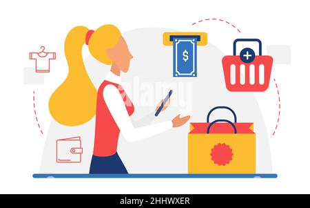 Achat mobile, acheter en ligne concept illustration vectorielle.Cartoon acheteur femme personnage acheter dans l'application boutique en ligne via smartphone, fille payant pour Illustration de Vecteur