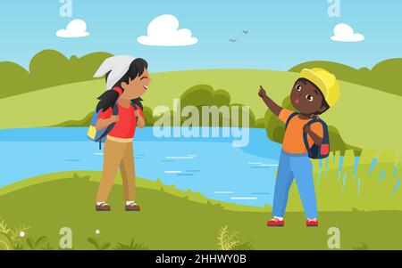 Les enfants rando dans la nature paysage d'été, scout d'enfant dans trekking aventure vecteur illustration.Dessin animé garçon fille enfant randonneur personnages avec sacs à dos Illustration de Vecteur