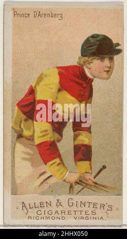 Prince d'Arenberg, de la série Racing Colors of the World (N22a) pour cigarettes Allen & Ginter 1888 cartes Allen & Ginter American Trade de la série Racing Colors of the World (N22a), émises en 1888 dans un jeu de 50 cartes pour promouvoir les cigarettes Allen & Ginter.La série a été publiée en deux variantes.N22a inclut un bord blanc autour du périmètre de chaque carte et N22b ne le fait pas.Prince d'Arenberg, de la série Racing Colors of the World (N22a) pour Allen & Ginter cigarettes 409332 Banque D'Images